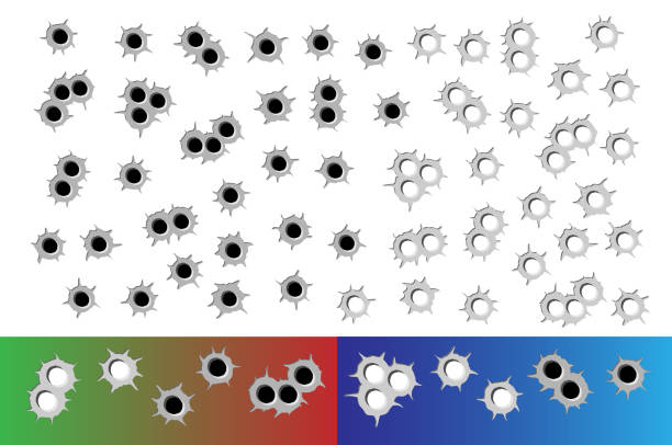 총알 구멍을 설정, 촬영, 절연 벡터 일러스트 레이 션을 대상 - bullet hole exploding hole tearing stock illustrations