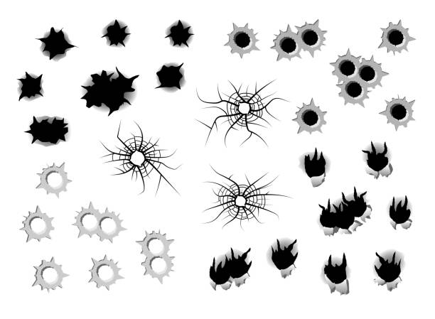 총알 구멍의 세트 - bullet hole exploding hole tearing stock illustrations