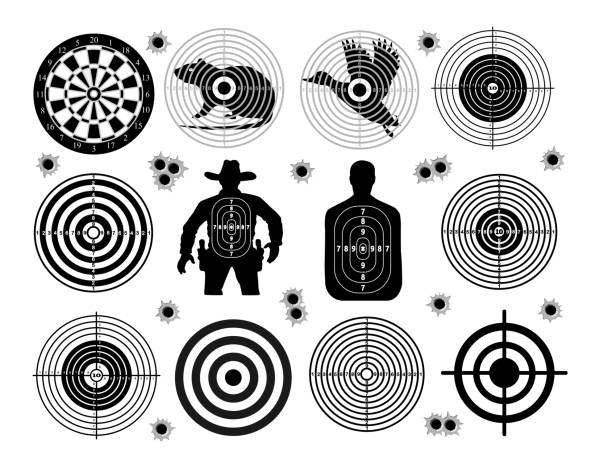 ilustrações de stock, clip art, desenhos animados e ícones de set of targets shoot gun aim animals people man isolated. sport practice training. sight, bullet holes. targets for shooting. darts board, archery. vector illustration. - bullet ammunition gun rifle