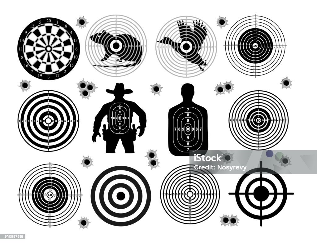 Set of targets shoot gun aim animals people man isolated. Sport Practice Training. Sight, bullet holes. Targets for shooting. Darts board, archery. vector illustration. Sports Target stock vector