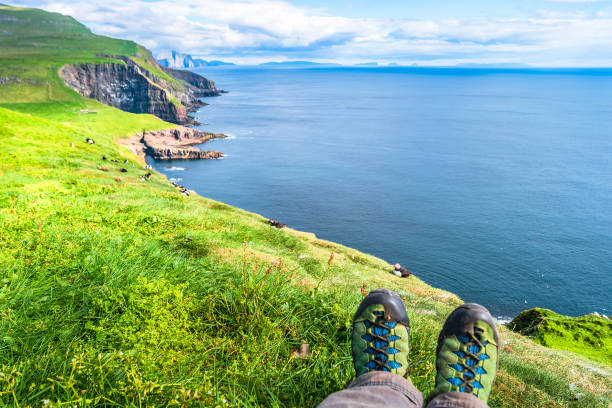 North Atlantic puffins at Faroe island Mykines, hiker and hiking boots North Atlantic puffins at Faroe island Mykines, hiker and hiking boots, late summer time, sunny day mykines faroe islands photos stock pictures, royalty-free photos & images