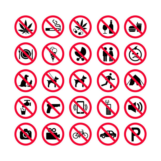 ilustrações, clipart, desenhos animados e ícones de conjunto de ícones de proibição de vermelho. sinais de proibição. ícones de sinal proibido. conjunto de sinais de aviso vermelho - sign symbol no forbidden