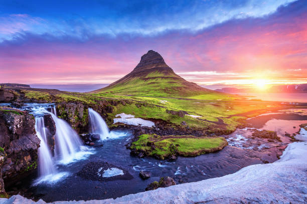 Kirkjufell at sunrise in Iceland. Beautiful landscape and sunrise. Kirkjufell at sunrise in Iceland. Beautiful landscape and sunrise. kirkjufell stock pictures, royalty-free photos & images