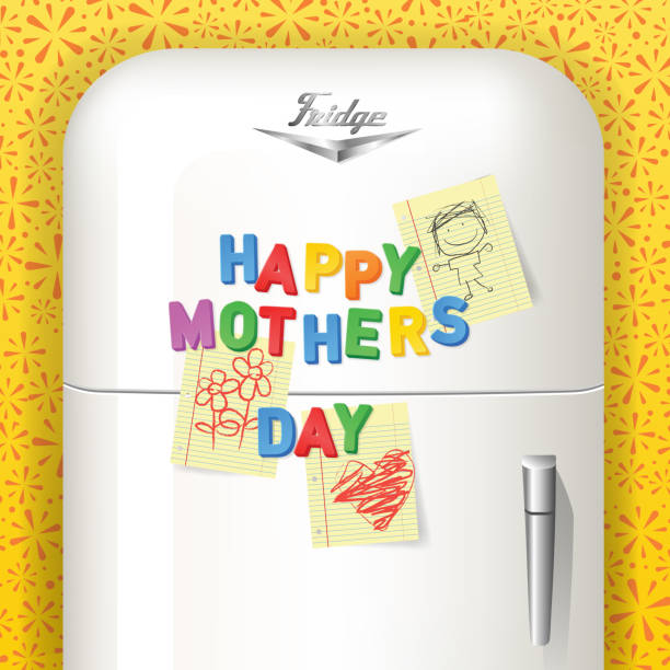 Happy Mother's Day spelled in plastic magnetic letters on vintage refrigerator. Happy Mother's Day spelled in plastic magnetic letters with children's art. Displayed on vintage refrigerator. Vector illustration. magnetic letter stock illustrations