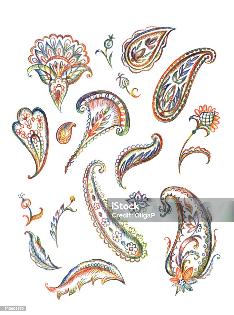 A set of paisley pattern,  hand drawing. A set of paisley pattern, a pencil drawing on a white background, isolated with clipping path. East ornament of buta, hand drawing. Watercolor Painting stock illustration