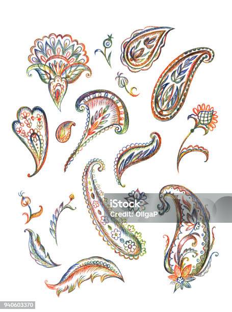 A Set Of Paisley Pattern Hand Drawing Stock Illustration - Download Image Now - Watercolor Painting, Paisley Pattern, India