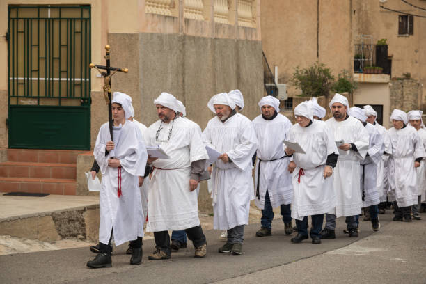 MONTICELLO, CORSICA - 30th MARCH 2018 - Men & women of the village of Monticello in the Balagne region of Corsica take part in the ancient Sittimana Santa procession called âA Schjudazioneâ depicting the burial of Christ