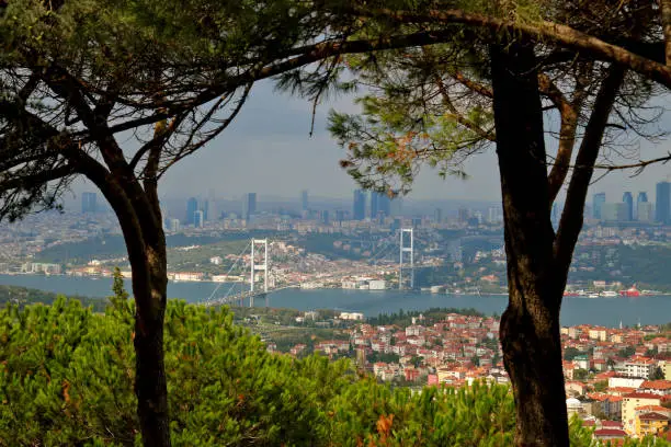 Bosphorus Bridge view from Camlica Hill in Istanbul, Turkey.