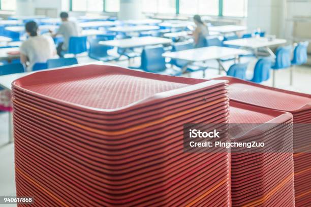 Red Plates In Mess Hall Stock Photo - Download Image Now - Cafeteria, Tray, No People