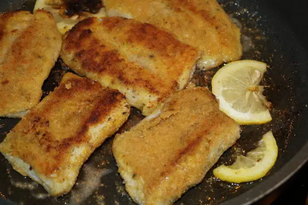Breaded redfish fillet with spices and mustard crust with potato salad
