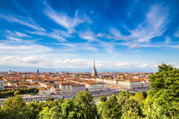 View of Turin city centre-Turin,Italy View of Turin city centre during summer day-Turin,Italy,Europe piedmont italy photos stock pictures, royalty-free photos & images