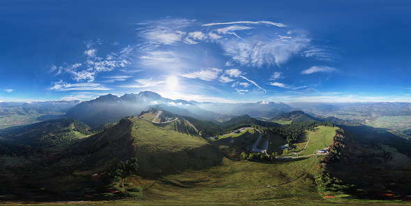 Spherical aerial panorama of Flight over Rossfeld mountain panoramic road, Berchtesgaden, Germany