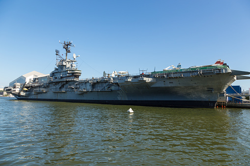 New York, NYC, USA- August 30, 2017: USS Intrepid, Essex-class aircraft carriers, at the Intrepid Sea-Air-Space Museum on Hudson River.