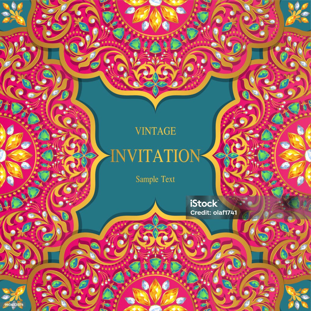 Indian wedding Invitation card templates with gold patterned and crystals on paper color Background. Anniversary stock vector