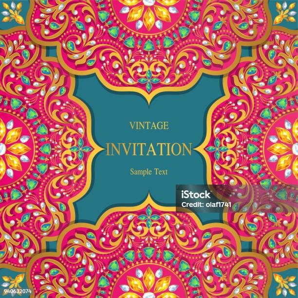 Indian Wedding Invitation Card Templates With Gold Patterned And Crystals On Paper Color Background Stock Illustration - Download Image Now