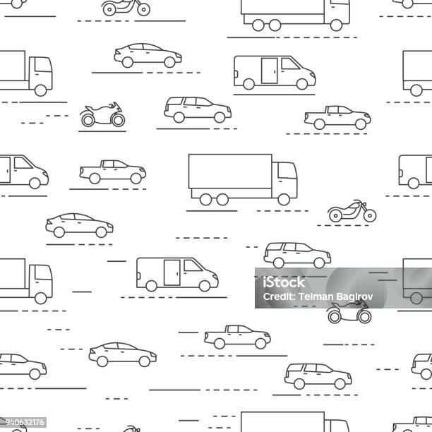 Seamless Cars And Bikes Pattern Grey On White Background Stock Illustration - Download Image Now
