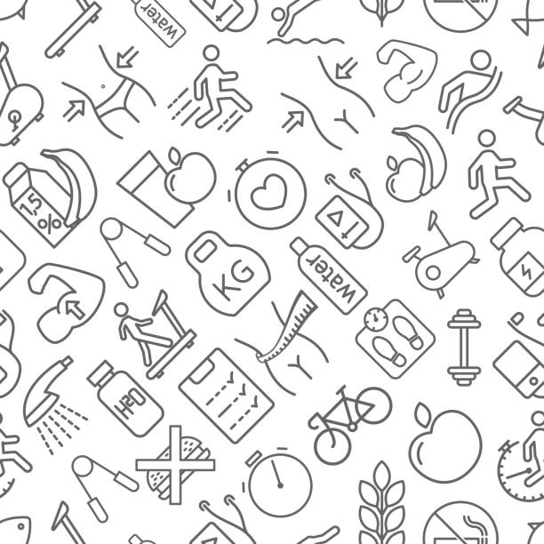 Seamless fitness and healthy lifestyle pattern grey on white bac Seamless fitness and healthy lifestyle icons pattern grey vector on white background gym backgrounds stock illustrations
