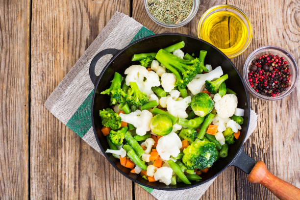 istock Frozen broccoli, brussels and cauliflower in frying pan 940640894
