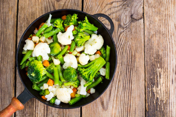 istock Frozen broccoli, brussels and cauliflower in frying pan 940641046
