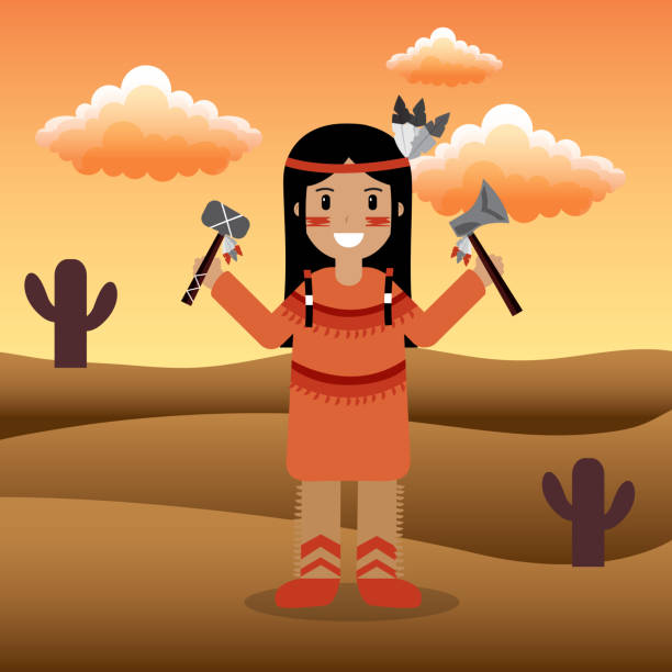 native american people cartoon female native american holding tomahawks in hands with desert landscape vector illustration cherokee clip art stock illustrations