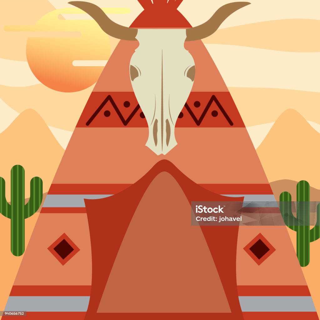 native american people cartoon native american teepee with buffalo skull in entrance vector illustration American Bison stock vector