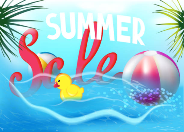 istock Summer sale banner with inflatable toys and palm tree leaves. Vector illustration 940665308