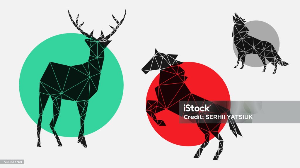 stylish geometric icons with deer, horse, wolf flat, fashionable icons for interior, design, advertising, wallpaper, covers, walls Horse stock vector