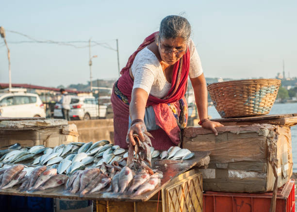 Goa, India has a large population of fishermen. Whilst the men go out catching fish, the wives set up stalls selling the day's catch. Here the woman serves fresh mackerel.
