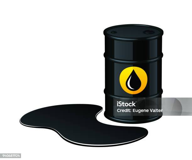 Barrel Of Oil With Spilled Oil Vector Illustration Stock Illustration - Download Image Now - Crude Oil, Gasoline, Barrel