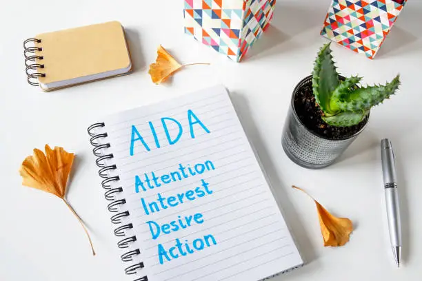 Photo of AIDA Attention Interest Desire Action written in a notebook