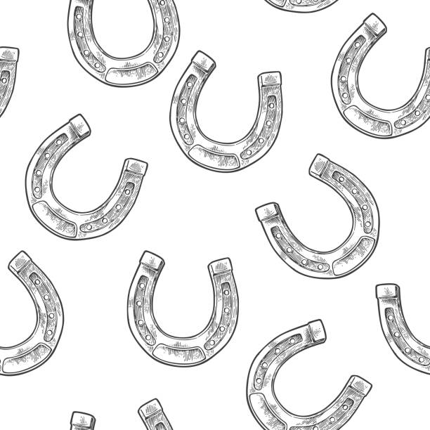 illustrations, cliparts, dessins animés et icônes de fer à cheval seamless pattern. vintage vector illustration graphique d’informations, affiches, web de gravure. noir sur fond blanc - horseshoe backgrounds seamless vector