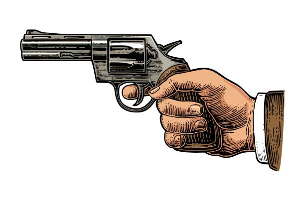 Hand holding revolver for fired. Vector color engraving vintage illustrations. Isolated on white background. For tattoo, web, shooting club and label