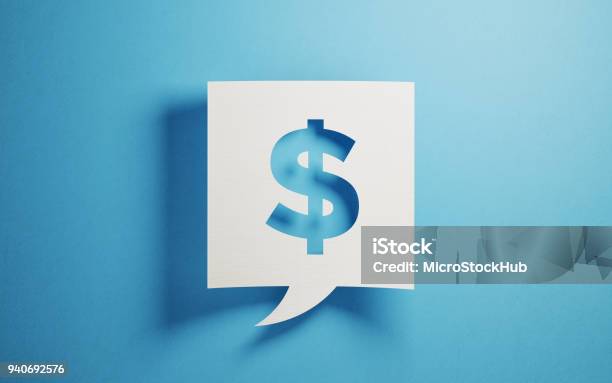 White Chat Bubble On Blue Background Stock Photo - Download Image Now - Dollar Sign, US Paper Currency, Currency Symbol