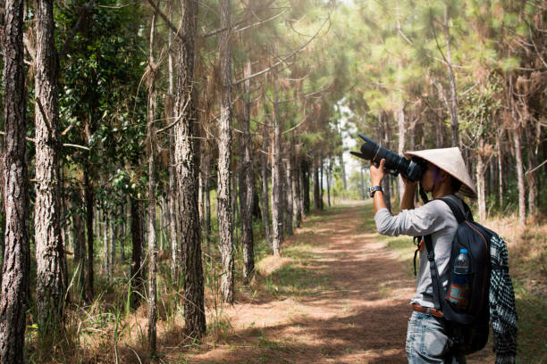 istock Side View Of Man Photographing While Standing In Forest 940705960
