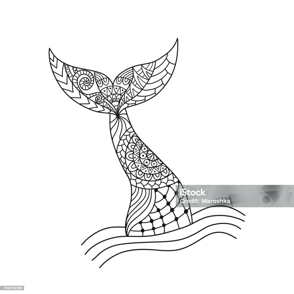 Hand drawn ornamental mermaid's tail. Vector illustration isolated on white background. Hand drawn ornamental mermaid's tail. Vector illustration isolated on white background. Outline graphic tattoo. Coloring book page for adult antistress. Mermaid stock vector