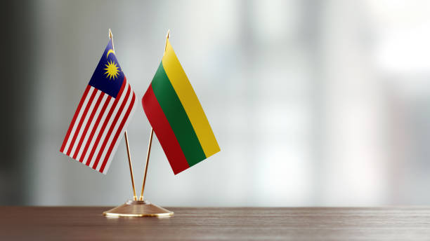 istock Malaysian And Lithuanian Flag Pair On A Desk Over Defocused Background 940711934