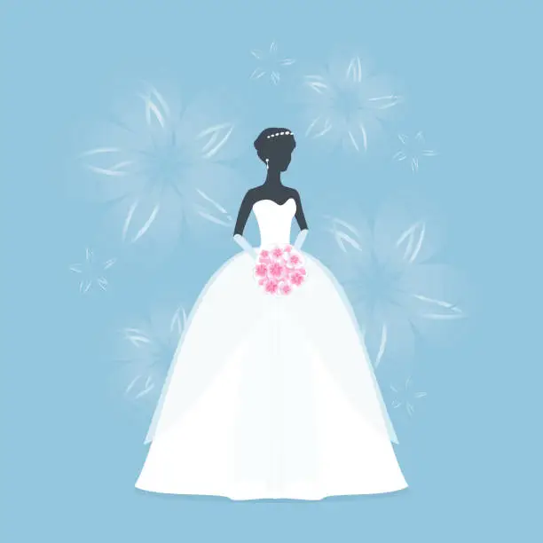 Vector illustration of Beautiful Bride holding a flower bouquet. Princess silhouette on Blue flower background. Vector