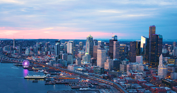 Seattle Washington USA Downtown Waterfront Aerial Panoramic Shot Pink Skies Sunset