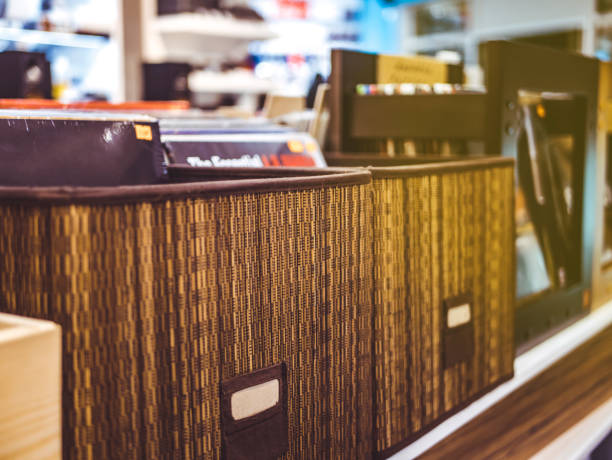 vinyl record crate in the store close up