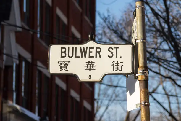 Picture of Bulwer street sign, in Toronto, Canada. Given that this street is located in Chinatown, the bilongual policies of Canada and ontario province apply, thus implying that the sign has to be translated in Chinese language