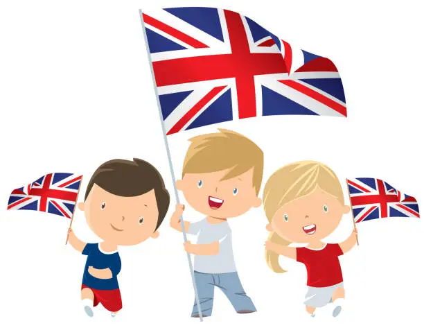 Vector illustration of Kids holding United Kingdom flag
