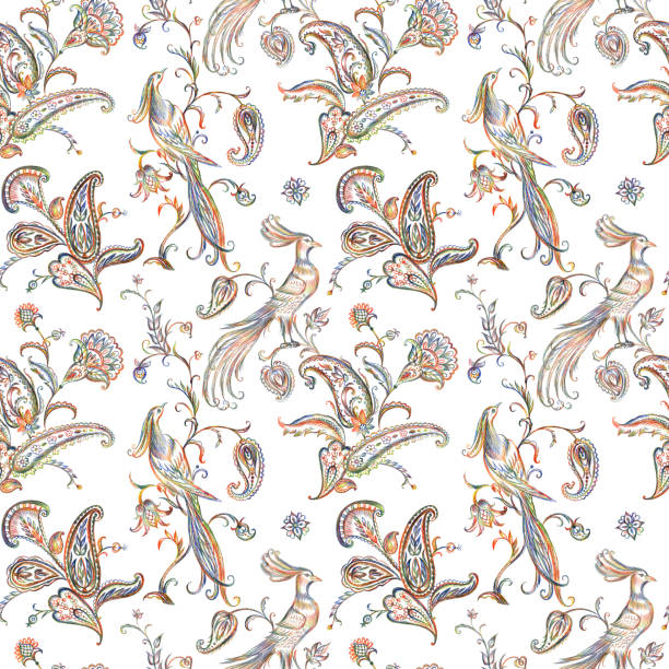 бесшовный узор со сказочными птицами и пейсли. - india indian culture pattern paisley stock illustrations