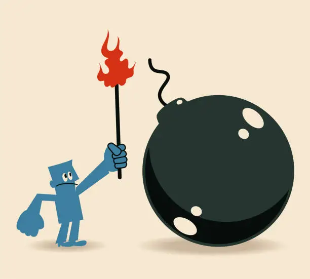 Vector illustration of Businessman holding a big matchstick (match in fire) and igniting a big bomb with explosive fuse