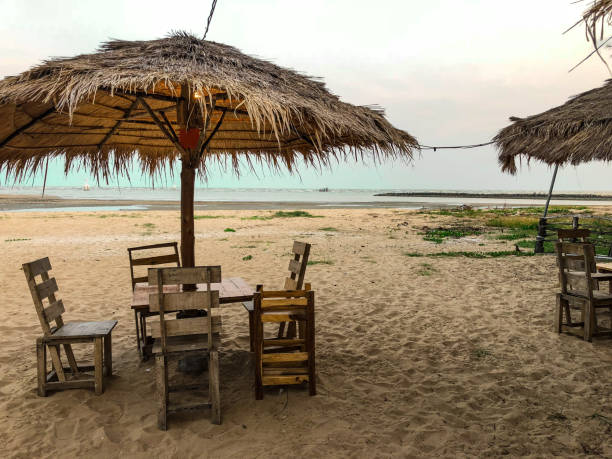 istock Side of chairs set with umbrella on the beach background 940741210