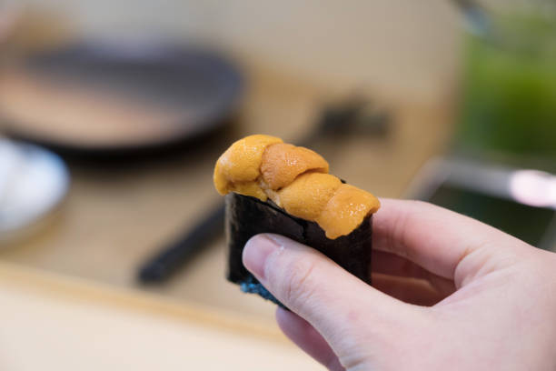 bafun uni sushi on woman hand