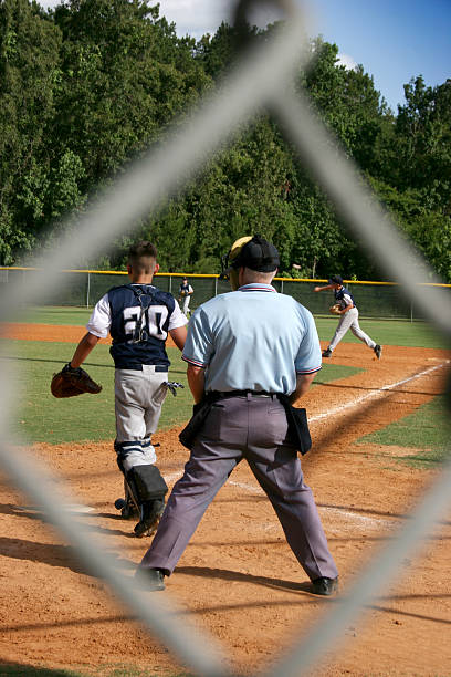 sędzia przez ogrodzenie gra w baseball. - home base base plate baseball umpire zdjęcia i obrazy z banku zdjęć