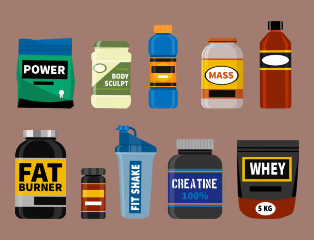 Bodybuilders gym athlete sport food diet symbols fitness nutrition protein powder drink vector illustration Bodybuilders gym athlete sport food diet symbols fitness nutrition protein powder drink vector illustration. Jars and bottles with supplements for muscle growth. protein powder bottle stock illustrations