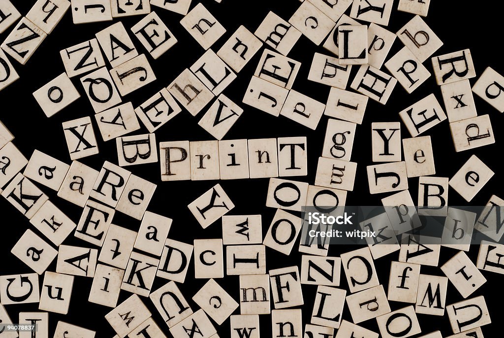 Aleatorio alfabeto, con la palabra'Print' - Foto de stock de Anticuado libre de derechos