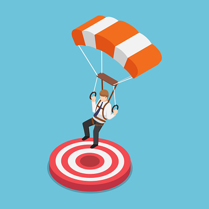 Isometric businessman with parachute landing on the target.
