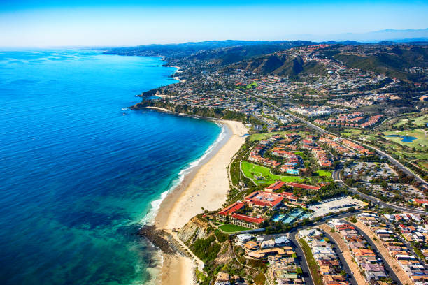 Orange County Coastline Aerial Aerial view of Monarch Beach located in Dana Point, California, in the southern portion of Orange County. dana point stock pictures, royalty-free photos & images